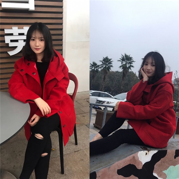 Red Hooded Wool Coat for Women L