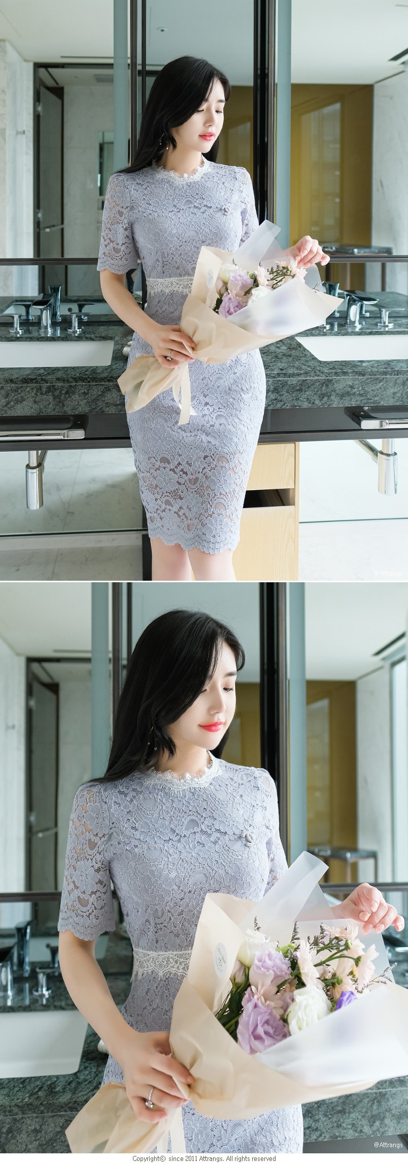 【韩国直邮】ATTRANGS 镂空刺绣收腰包臀女人气质中袖优雅连衣裙 天蓝色 S
