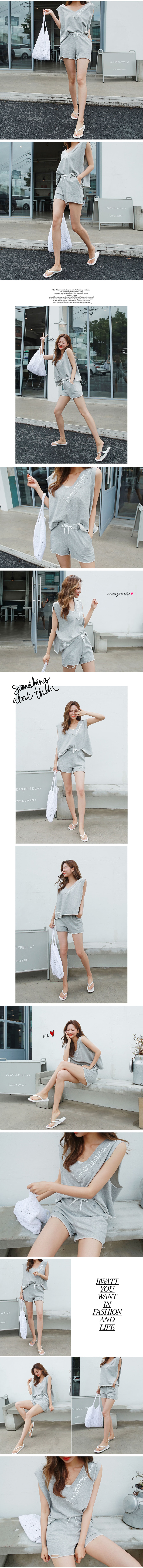 Distressed Muscle Tank+Drawstring Shorts 2 Pieces Set #Grey One Size(S-M)