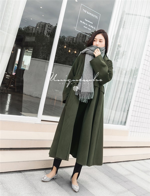 Dark Green Long Double-faced Woolen Coat XXS