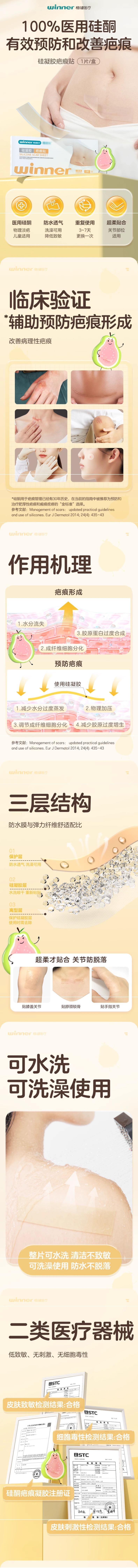 【中国直邮】Winners稳健医疗 硅凝胶医用疤痕贴 剖腹产创伤烧烫伤手术伤口疤痕修复改善贴 防水 3*15cm/片/盒 2盒装