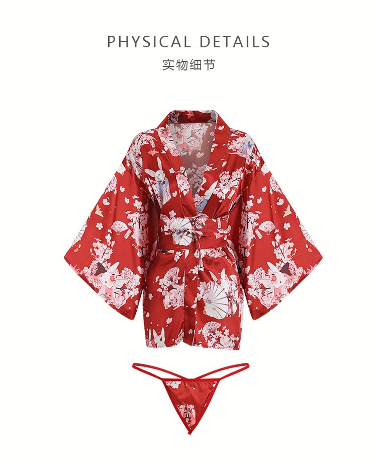 【中国直邮】瑰若 性感 深V印花和服 系带显瘦制服套装 情趣内衣 红色 均码