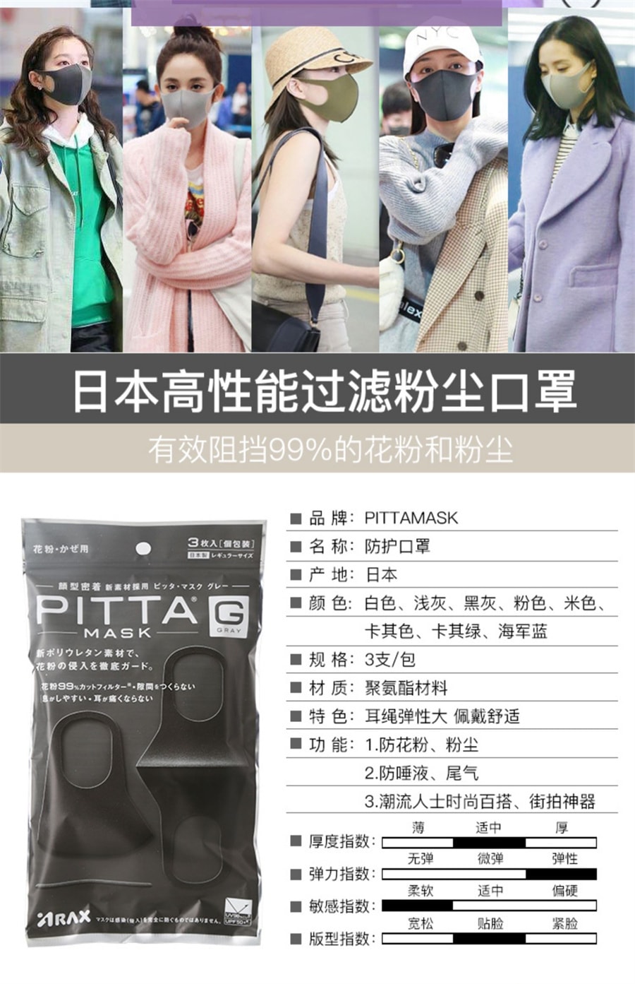 【日本直邮】日本 PITTA 口罩 明星同款 3D立体 立体防尘防花粉  透气性好 浅灰色 3枚