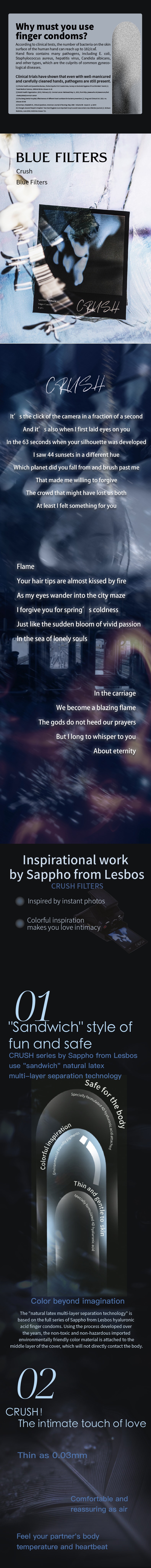 薩福CRUSH系列白日焰火(藍色) 玻尿酸潤滑成人女同情人節必備情趣用品les女用指套 1盒裝(6隻)