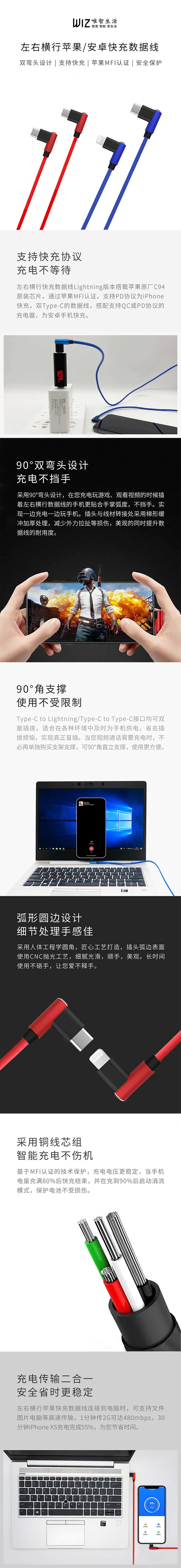 【中国直邮】小米有品WIZ 左右横行苹果快充数据线 蓝 1件/盒