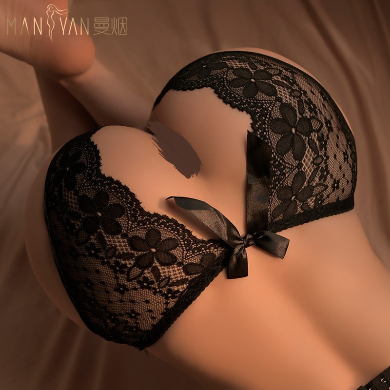 【中國直郵】曼煙 性感蕾絲開檔蝴蝶結三角褲 黑色均碼 純欲丁字褲 成人情趣內衣