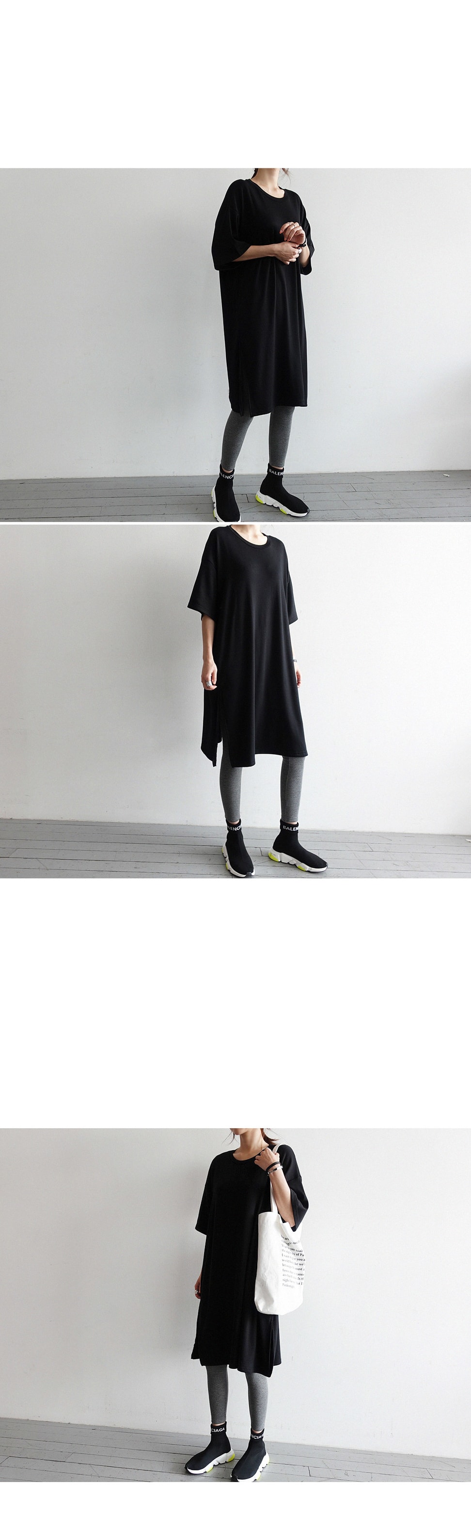 Round neck solid color loose seven-point sleeve dress black one size