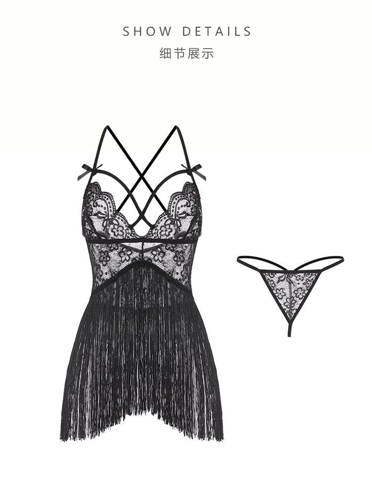 【中國直郵】 瑰若 情趣內衣 蕾絲深V流蘇裙擺睡裙 酒紅色M碼